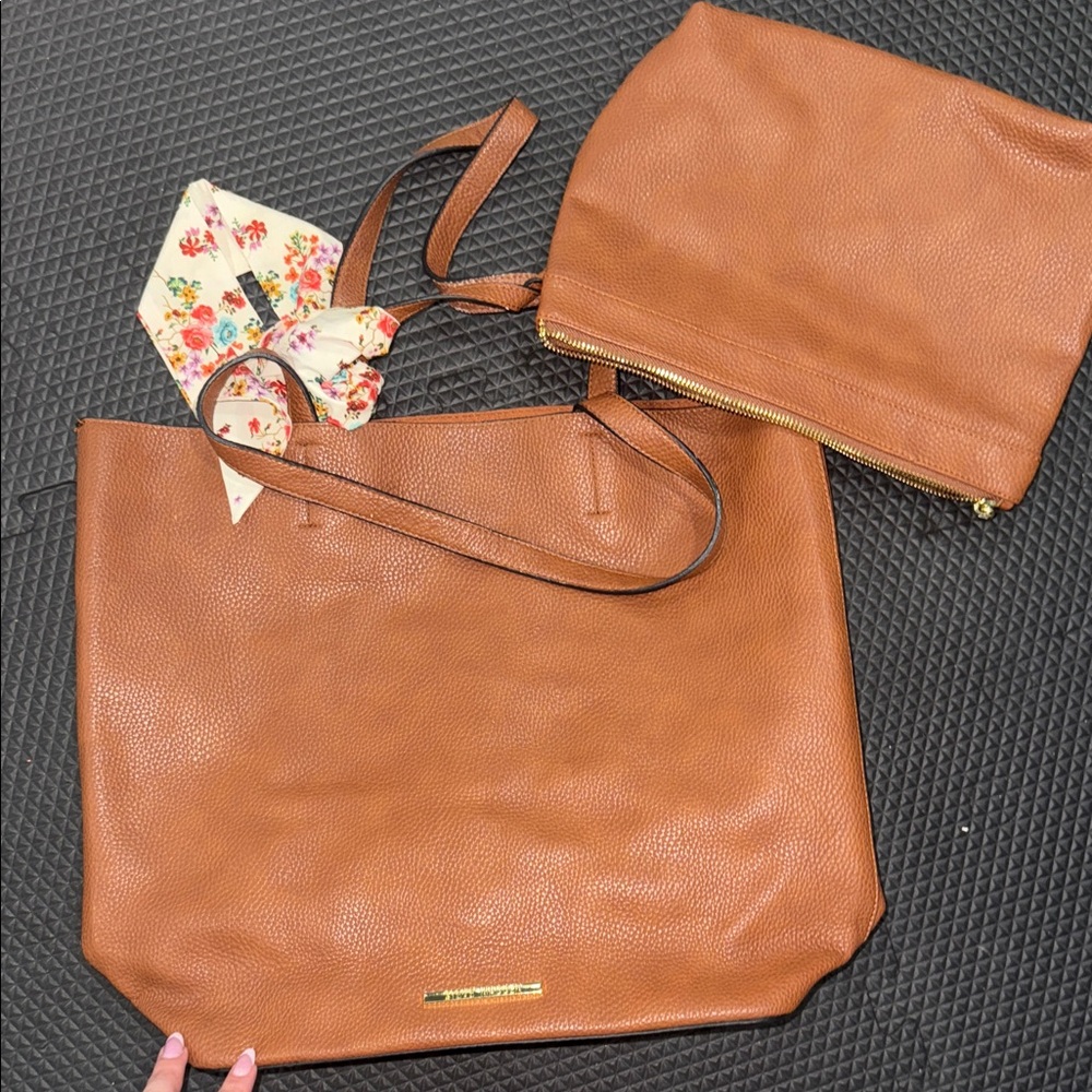 Steve Madden Tan Tote and Clutch Set with Floral Accent